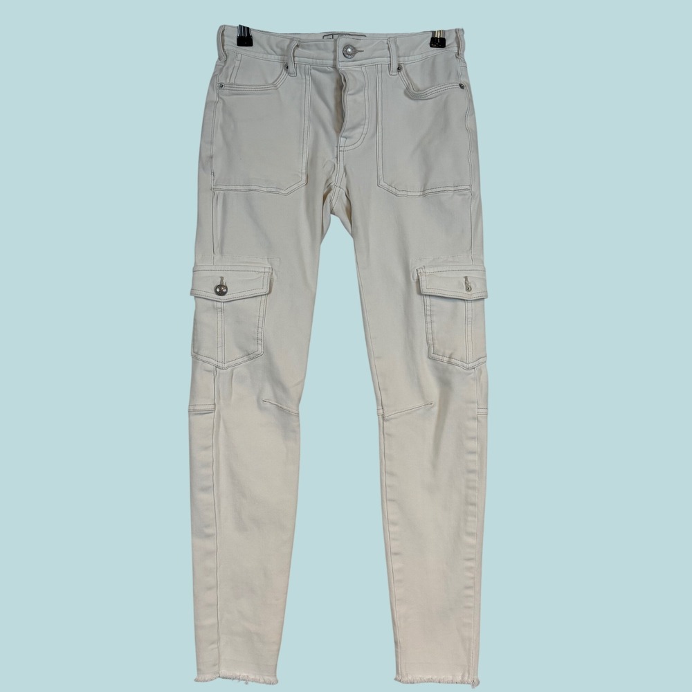 Free‎ People Women Cargo Skinny Jeans Size 25 Button Fly Raw Hem Utility Boho